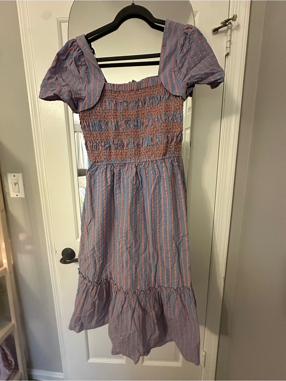 Seersucker smocked Blue and Pink Striped Dress, midi length - Tahari 12